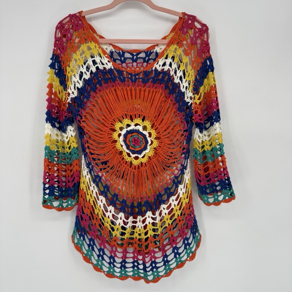 Venus Boho Crochet Poncho Sweater S/M‎ Psychedelic Multicolor Knit Festival